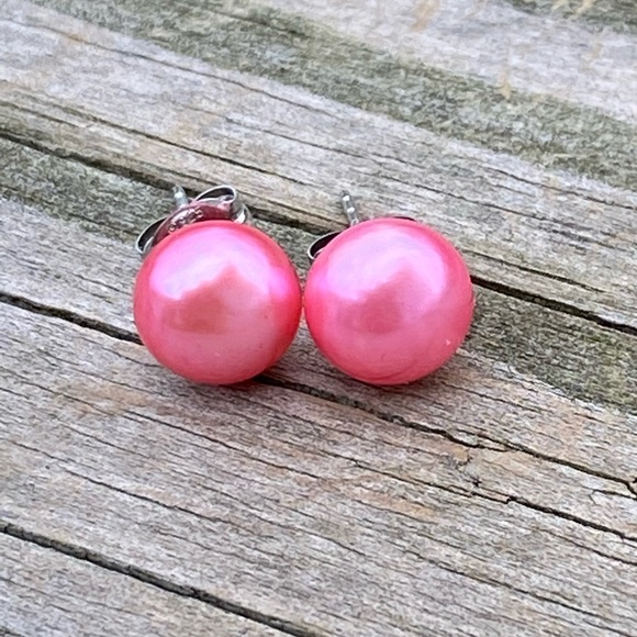 Cultured Pink Pearl earrings .925 Sterling Silver 8mm Pearls - Picture 6 of 9